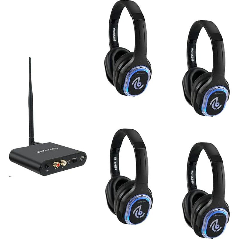 Retekess TA004 Silent Disco Starter Kit, juhtmevabad kõrvaklapid telerile, 3 kanalit, 200 m raadius, 4 kõrvaklappi, Silent Disco kõrvaklappide komplekt pidude jaoks