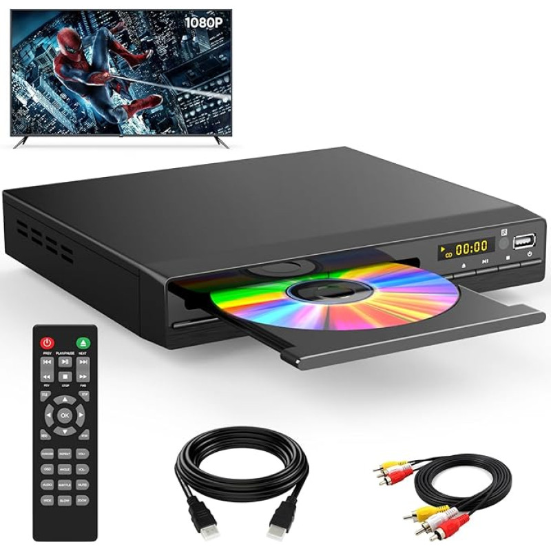 HDMI DVD mängija | toetab 1080P, USB, CD | Region Free DVD mängija TV | HDMI kaabel, RCA kaabel ja kaugjuhtimispult