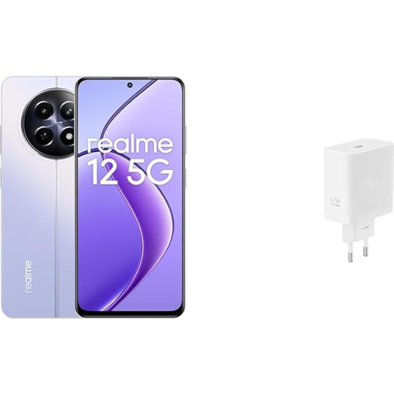 realme 12 5G nutitelefon 8 + 256 GB, 108MP 3X Zoom portreekaamera, 6-tasemeline dünaamiline värskendussagedus, 45 W Supervooc Charge 5000 mAh massiivne aku, Twilight Purple + SUPERVOOC 67 W toiteadapter valge