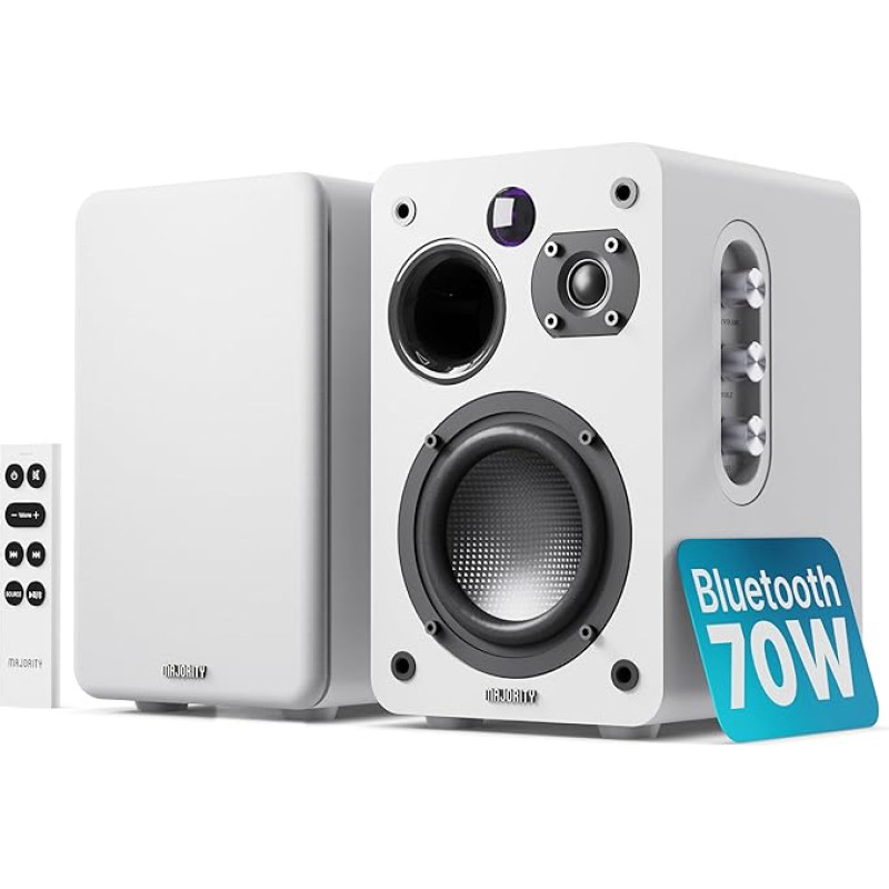 Majority D70X Aktiivne kõlar Bluetooth | Riiuli kõlar HDMI ARC | Stuudio Monitor DJ Double Driver Carbon Fibre Membrane | 70W Stereo PC kõlar | Monitor kõlar koos kaugjuhtimispuldiga (valge)