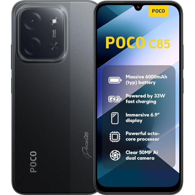 XIAOMI Poco C85, nutitelefon 8+256GB, 6,9-tolline 120Hz ekraan 7,99 mm disain, MediaTek Helio G81-Ultra Octa-Core, 50MP AI Dual Camera, 6000mAh, must, laadija ei kuulu komplekti