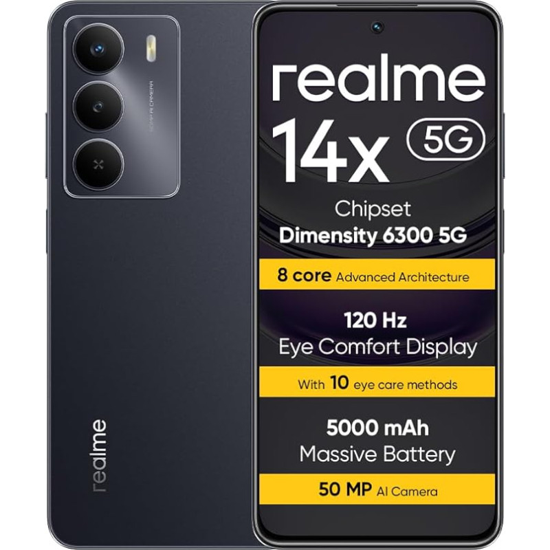 realme Dimensity 6300 5G kiibistik, 120Hz Eye Comfort ekraan, sõjalise klassi löögikindlus, 50MP AI kaamera, 5000mAh massiivne aku, musta värvi