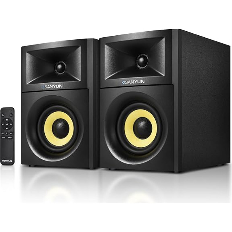Sanyun SW205 80W 4-tollised aktiivsed raamaturiiuli kõlarid puidust korpusega, uuendusliku väliskujunduse ja täiustatud DSP kiipidega, optiline 3,5 mm Aux Bluetooth 5.4 sisend, kaugjuhtimispult (paar, must)