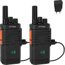 PTTalky PR2 PLUS Display Walkie Talkies PMR446 raadio, tasuta raadiokomplekt, professionaalne Walkie Talkies Woki Toki, USB laadimine, VOX ja 16 kanalit, hoonetele, kauplustele (2 tk, must)