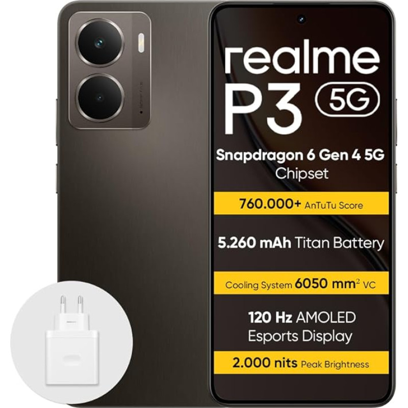 realme P3 5G nutitelefon 12 + 512 GB, Snapdragon 6 Gen 4 5G protsessor, Titanium aku 5260 mAh, kiirlaadimine 45 W, AMOLED 120 Hz, maksimaalne heledus 2000 Nit, IP69, Hall RR
