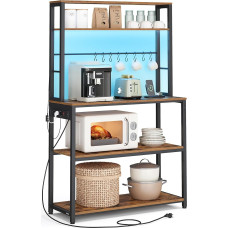 VASAGLE KKS050KD01 Köögiriiul LED-valgustusega, pistikupesadega seisev riiul, mikrolaineahju riiul reguleeritavate riiulitega, 8 konksu, 40 x 80 x 168,4 cm, Vintage Brown Matt Black