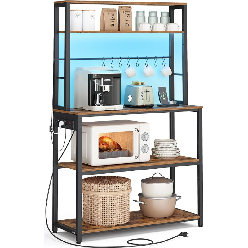 VASAGLE KKS050KD01 Köögiriiul LED-valgustusega, pistikupesadega seisev riiul, mikrolaineahju riiul reguleeritavate riiulitega, 8 konksu, 40 x 80 x 168,4 cm, Vintage Brown Matt Black