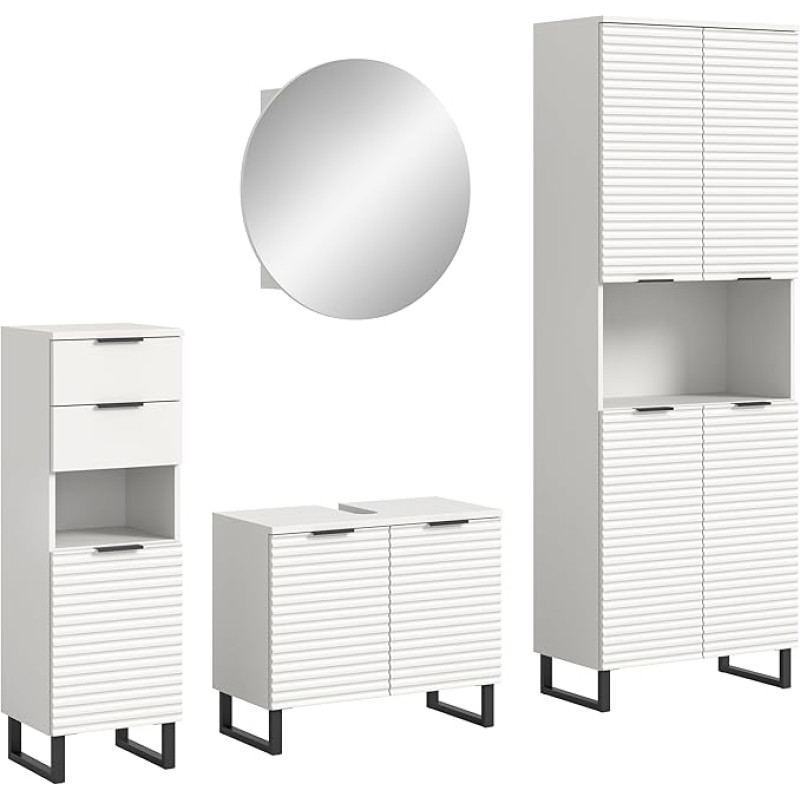 xonox.home Vannituba Reef 4-osaline kombineeritud vannitoamööbli komplekt Väikesed vannitoad Täielik vannitoamööbli komplekt valge valamukapp peeglikapp ümmargune