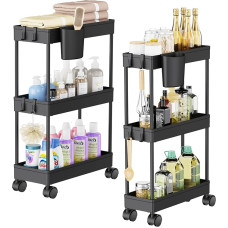 Shrivee 2 x 3-tasandiline ratastega hoiukäru, ruumi säästev mobiilne kitsas vannitoakäru, minimalistlik universaalne käru vannituppa ja kööki, must