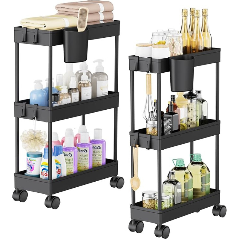 Shrivee 2 x 3-tasandiline ratastega hoiukäru, ruumi säästev mobiilne kitsas vannitoakäru, minimalistlik universaalne käru vannituppa ja kööki, must