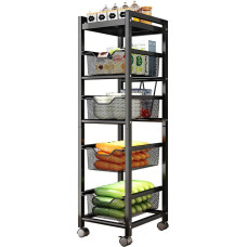 NUODWELL köögikäru 5 tasandiga, pöörlev hoiuraam lukustatavate ratastega, õhuke võrgusilma korvi riiul sahtliga kontorisse, vannituppa, kööki, pesuruumi (must)
