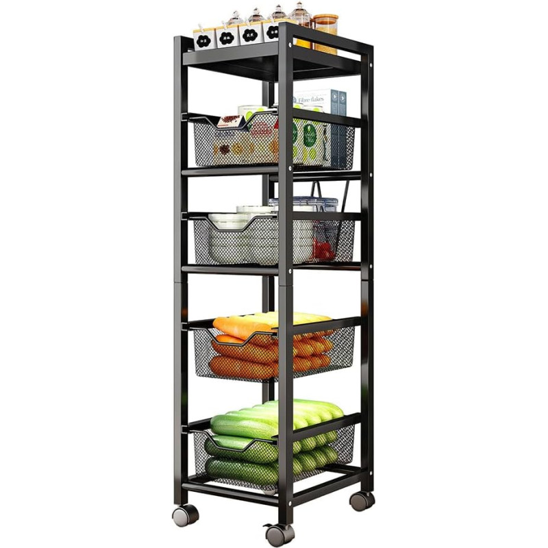 NUODWELL köögikäru 5 tasandiga, pöörlev hoiuraam lukustatavate ratastega, õhuke võrgusilma korvi riiul sahtliga kontorisse, vannituppa, kööki, pesuruumi (must)