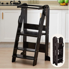 FUNLIO Montessori laste torn, 3-astmeline reguleeritava kõrgusega köögi astmelaua, kokkupandav väikelaste torn lastele vanuses 2-6 aastat, CPC, lihtne kokku panna, must