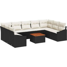 Rantry 10-teilige Garten-Sofa-Set mit Kissen Schwarz Poly Rattan Akazie Gartenlounge Model3356542