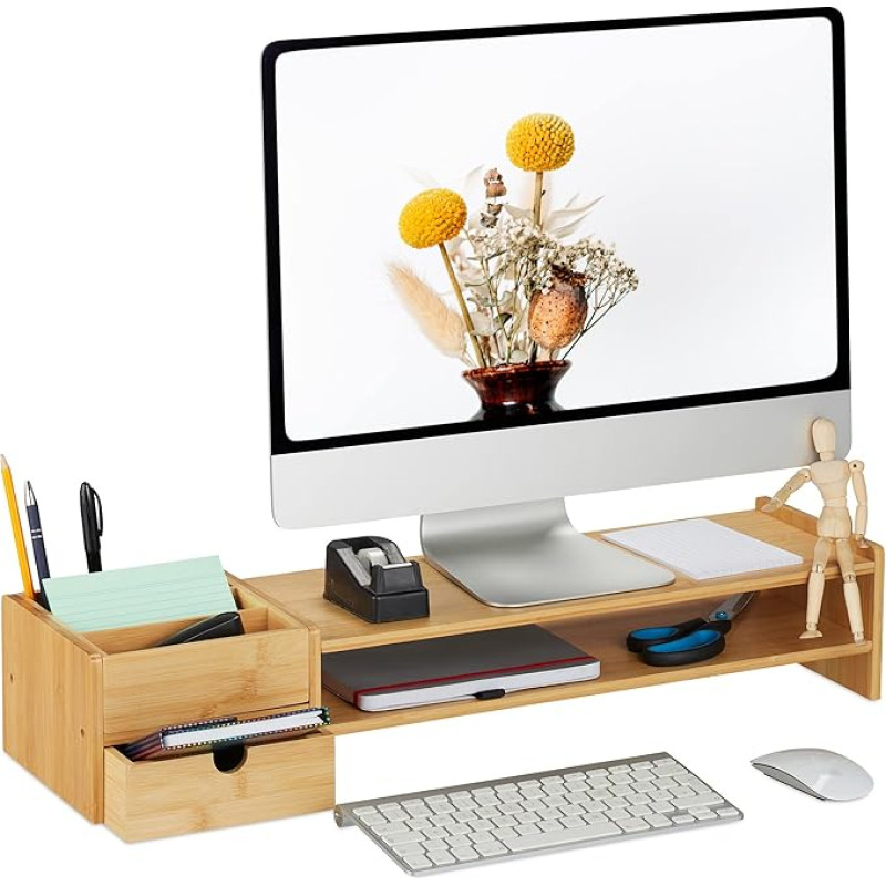 Relaxdays monitoride statiiv, bambus, sahtli ja 5 kambriga, kõrgus x laius x sügavus: 13 x 70 x 19 cm, lauamonitoride statiiv, naturaalne