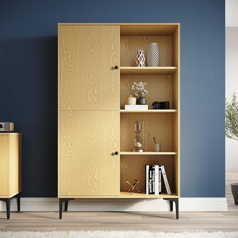 SONNI vitriinkapp, kõrge kapp, 100 x 35 x 160 cm, 8 kambriga, 2 uksega, kapp, raamaturiiul 2 reguleeritava kõrgusega riiuliga elutuppa, magamistuppa, kööki, söögituppa, kontorisse, puidust