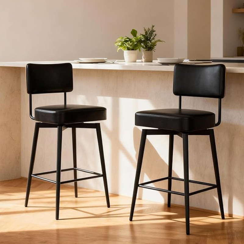 FiveWillowise Baaritoolid 2-st komplektist, 360° pöörlev baaritooli, istme kõrgus 67,5 cm, kunstnahk, reguleeritavad jalad, köögitool seljatoega köögisaarele, kodubaarile ja baarileti jaoks, lihtne must