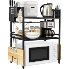 Youyijia mikrolaineahju riiul 3-astmeline reguleeritav (L 40-60 cm, H 65-75 cm) mikrolaineahju riiul köögiriiul terasest 8 konksuga pikendatav riiul köögi ja pagaririiul - must