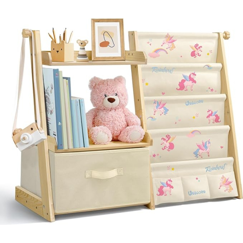 wooshwa laste raamaturiiul, lastetuba, mänguasjade hoidmine 4 riiuli ja hoiukastiga, laste riiul, laste raamaturiiul riiulile, lastetuba, mänguasjade korraldaja, ükssarvik