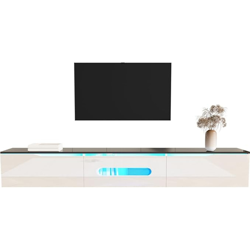 Jaxenor 180 cm TV-kapp valge 16-värvilise LED-valgustusega, kaasaegne Lowboard elutuba, kolme uksega televiisoripaneel, TV-kapp, must ja valge