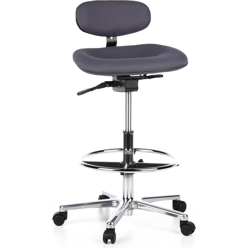 hjh OFFICE, 608320, Professional counter tool, joonistustool, WORK MV, Anthrazit, vastupidav kangas, kõrge töölaua tool, reguleeritava kõrgusega seljatugi, jalarõngas, polsterdatud iste, kalle reguleeritav, kroomitud terasest alus, rõhu all olevad rattad.