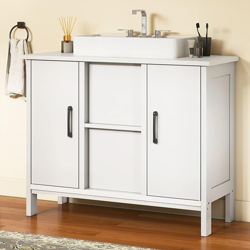 YITAHOME Vanity Unit, 2 uksega seisev valamukapp, riiuliga vanity unit, U-kaelaga valamukapp, valge