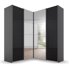 Rauch Möbel Quadra nurgakapp, lükanduksekapp, hall metallist klaasist basalt, must, 4 ust, peegliga, sisaldab 2 riidehoidjat, 12 riiulit, 3 sahtlit, 181 x 229 x 187 cm (B x K x S)