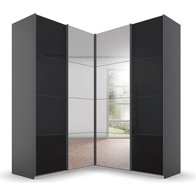 Rauch Möbel Quadra nurgakapp, lükanduksekapp, hall metallist klaasist basalt, must, 4 ust, peegliga, sisaldab 2 riidehoidjat, 12 riiulit, 3 sahtlit, 181 x 229 x 187 cm (B x K x S)