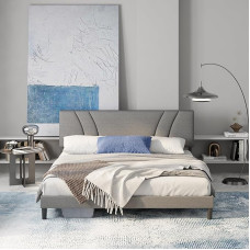 Avenco Polster Bettgestell 160 x 200 cm, Bettgestelle mit Kopfteile und Holzlattenunterstützung, Doppelbett, Einfache Montage, Grau