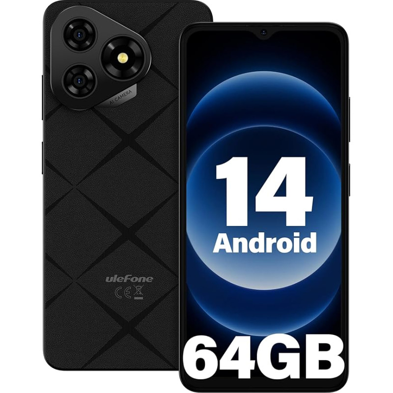 Ulefone Note 19 mobiiltelefon Android 14, 6GB RAM + 64GB ROM/SD-512GB, 6,56-tolline HD+ Octa Core, 5000mAh aku, 8MP + 5MP kaamera nutitelefon ilma lepinguta, kolm kaardipesa, Dual SIM 4G/Face