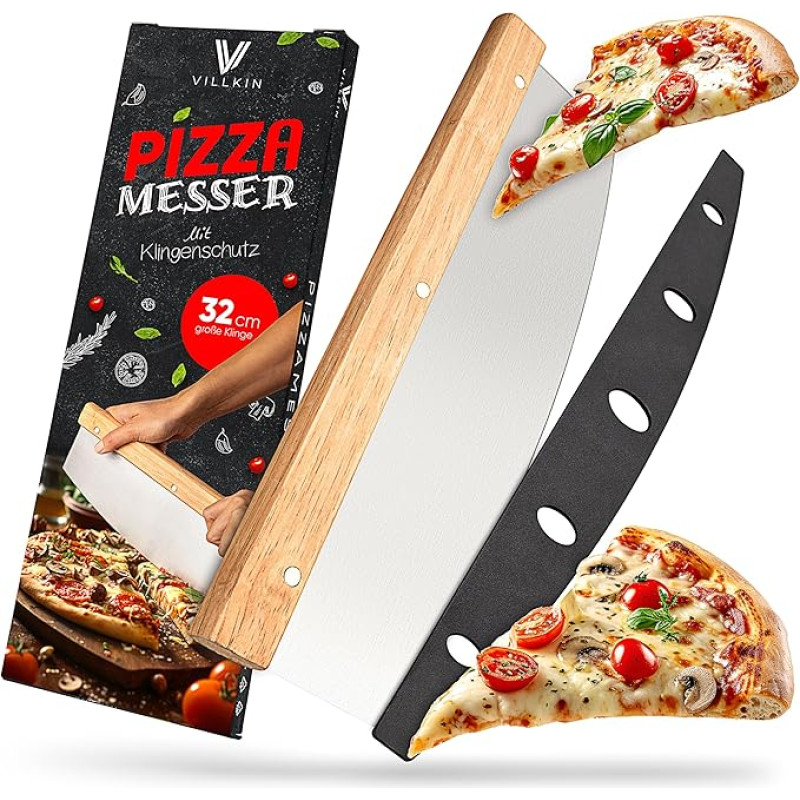 Villkin Pizza Knife with 32 cm Blade - Sharp Pizza Cutter Made of Stainless Steel with Wooden Handle - Large Weighing Knife More Effective than Pizza Roller (Large)