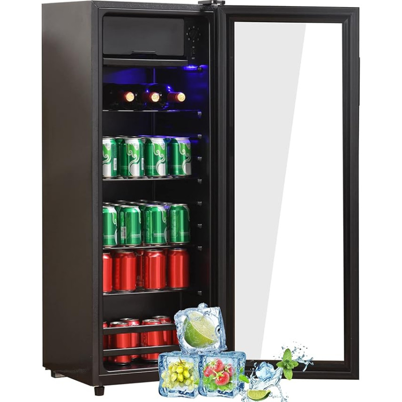 Merax Fridge 128L, Freestanding Drinks Cooler with 120L Fridge + 8L Freezer, with LED Interior Lighting and Adjustable Shelves, Super Quiet for Restaurant, Bar, Drinks and Beer