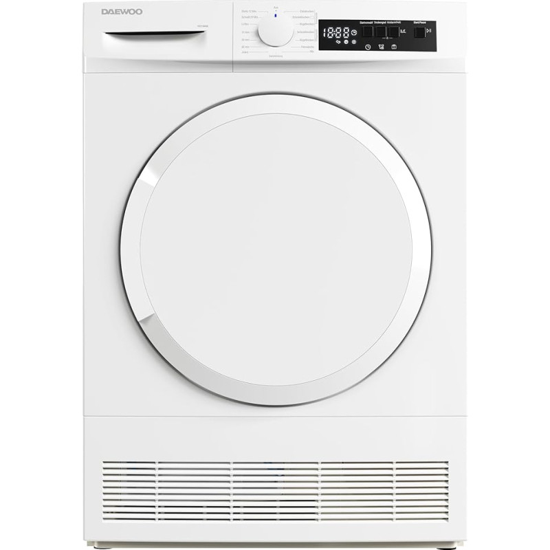 Daewoo T0CT1W0DE Condenser Dryer Front Loader G, 10 kg, 15 Programmes Including 29 Minutes Short Programme, LED Drum Lighting, Wrinkle Protection, White