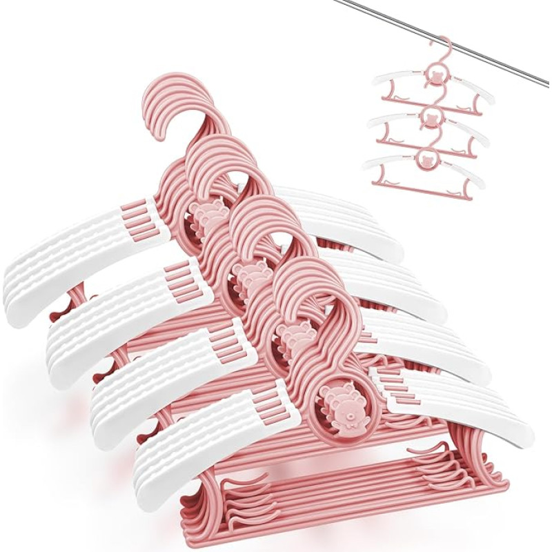 Fousenuk Pack of 20 Children's Clothes Hangers, Extendable Plastic with Stackable Bear Hooks, Non-Slip Baby Clothes Hangers for Children's Clothing and Baby Wardrobe (Pink)