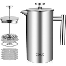 OZAVO Coffee Maker 1L French Press Stainless Steel Thermal with 5 Stainless Steel Filters Double-Walled Insulated System with Two-Layer Construction 1000 ml