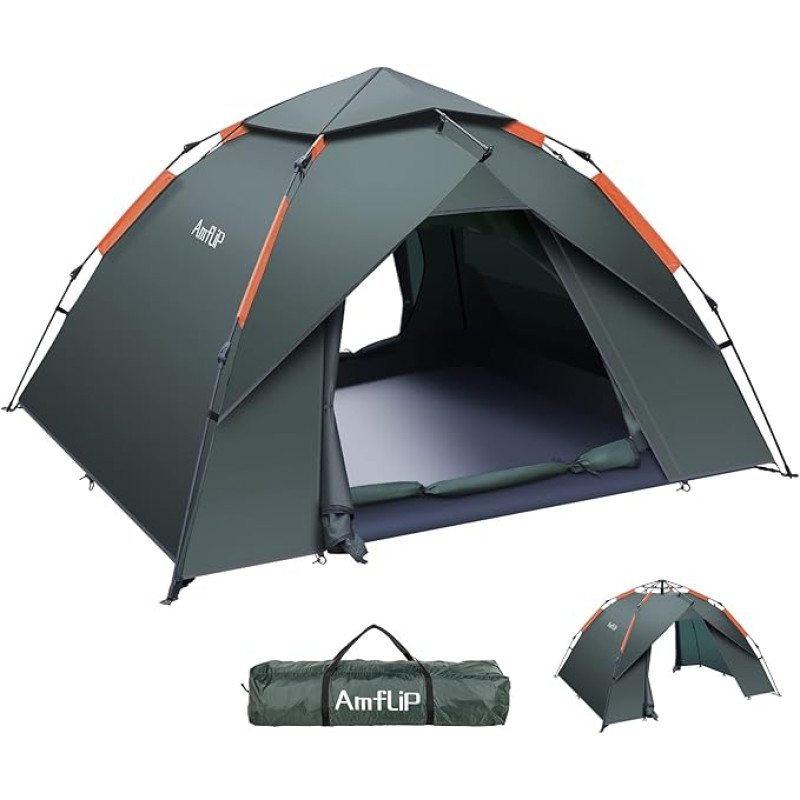 Amflip Camping Tent Automatic 3 Man Instant Tent Pop Up Dome Tent 4 Seasons Waterproof & Windproof Camping Tent with Removable Outer Tent Tarpaulin for Families, Camping