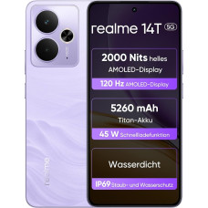 realme 14T 5G nutitelefon 8 + 256 GB, kiibistik Dimensity 6300, Esports AMOLED ekraan 120 Hz 6,67-tolline super suur maht 5260 mAh, IP69 veekindel, Surf Design, Järgmine AI, Flash Purple (ilma