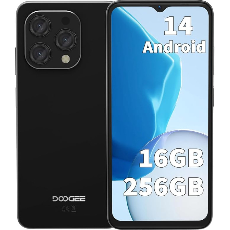 DOOGEE N55 Pro nutitelefon ilma lepinguta, 16GB RAM + 256GB mälu, Android 14 mobiiltelefon, 6,56-tolline HD+ ekraan, okta-tuumaline, 13MP + 8MP AI kaamera, 5150mAh aku, Dual SIM 4G, must