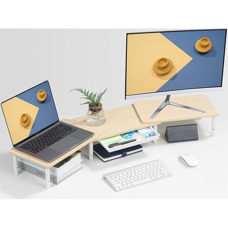 ETHU Dual Monitor Stand, Desktop Monitor Stand with Smartphone Holder, Adjustable Length and Swivel Angle, Wooden Desk Organiser, Stand, PC Riser for PC Monitor, Laptop, Printer