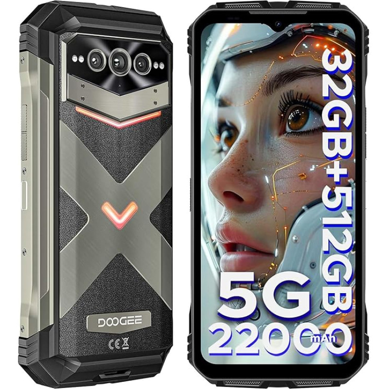 DOOGEE VMAX PRO Välitingimustes kasutatav mobiiltelefon 5G, 32GB RAM + 512GB ROM Android 14 Välitingimustes kasutatav nutitelefon 22000mAh 6,58-tolline FHD + 120Hz ehitusplatsi mobiiltelefon 108MP + 16MP + 20MP öönägemiskaamera WiFi 6