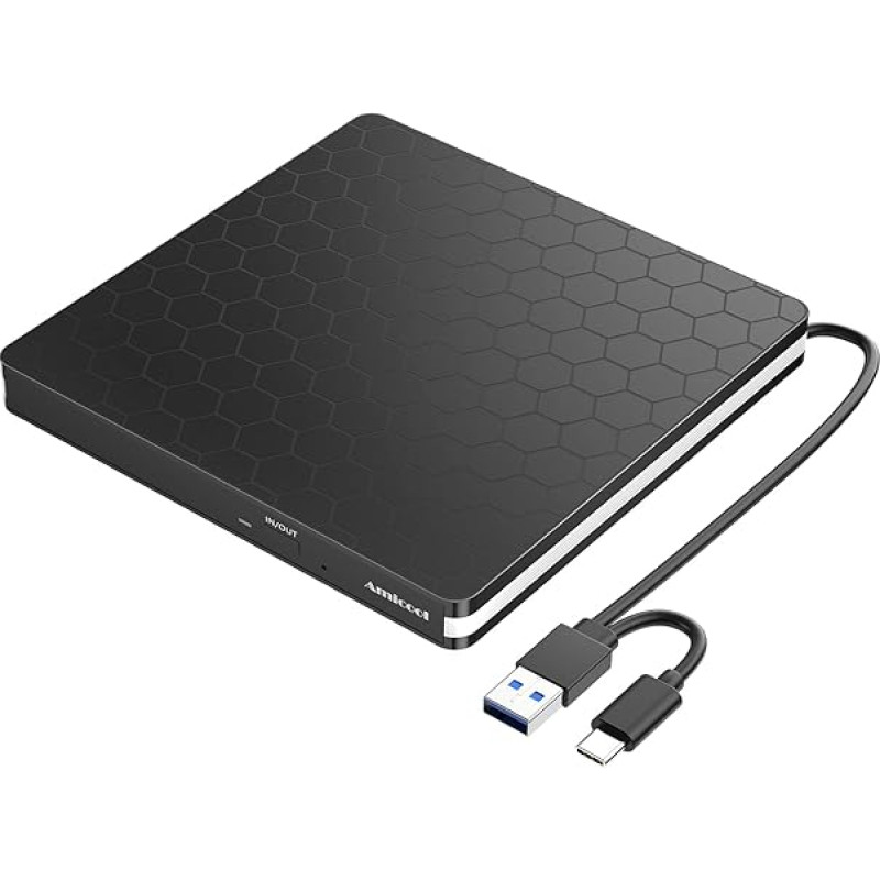 Amicool väline CD-DVD põletaja ja lugeja USB 3.0, Type-C Portable, Plug&Play, madala müratasemega, Slim Superdrive sülearvutitele, lauaarvutitele, Macbookidele, IOS, Windows 10/8/7/XP ja Linuxile, must