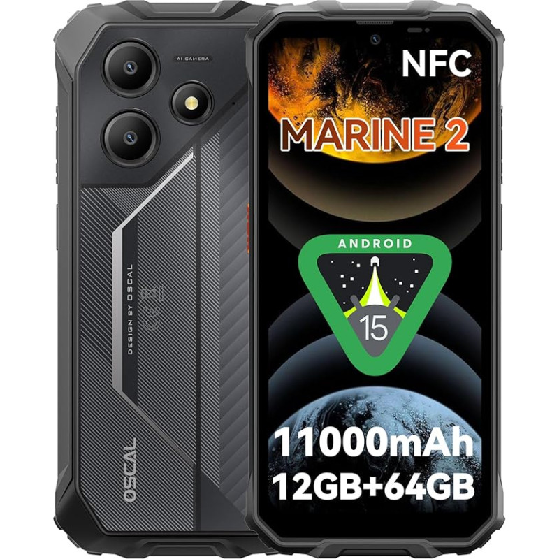 OSCAL Marine 2 Välitingimustes kasutatav mobiiltelefon ilma lepinguta 2025, 11000mAh 12GB + 64GB/2TB, Android 15 Outdoor nutitelefon, 6,56-tolline HD + 90Hz, 16MP + 8MP AI kaamera ehitusplatsil mobiiltelefon, IP69K
