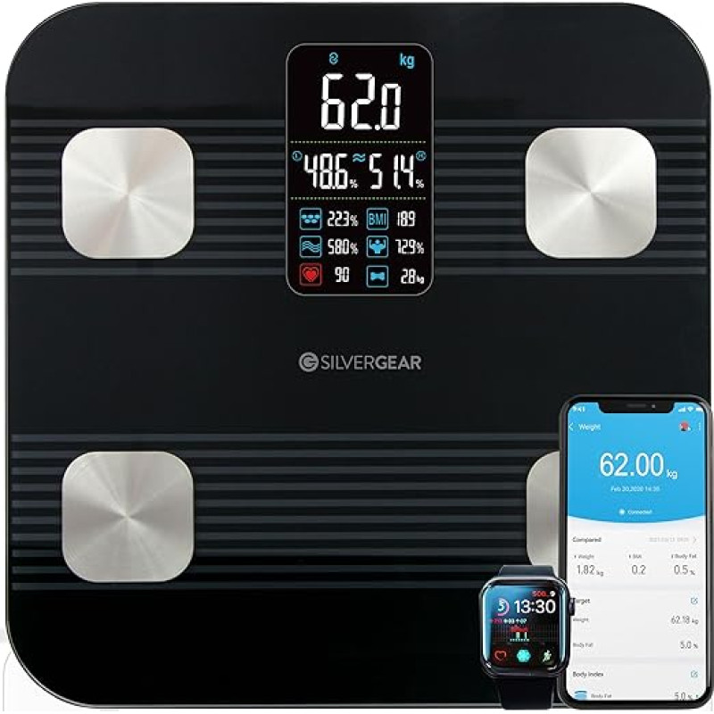 Silvergear Premium Body Fat Scale, isiklik kaal, Bluetooth kehaanalüüsi kaalud koos rakendusega, keharasv, BMI, kaal, lihasmass, vesi, valk, luukaal, BMR ja südame löögisagedus - mustas toonis
