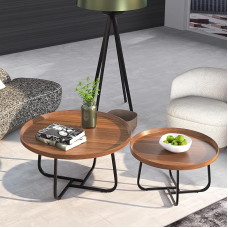 Ümmargune kohvilaud, 2 tuba, laudade komplekt, elutoa laud, ümmargune, puidust metallraamiga, ruumi säästev, virnastatav disain (läbimõõt 70 cm + läbimõõt 50 cm), küljelaud.