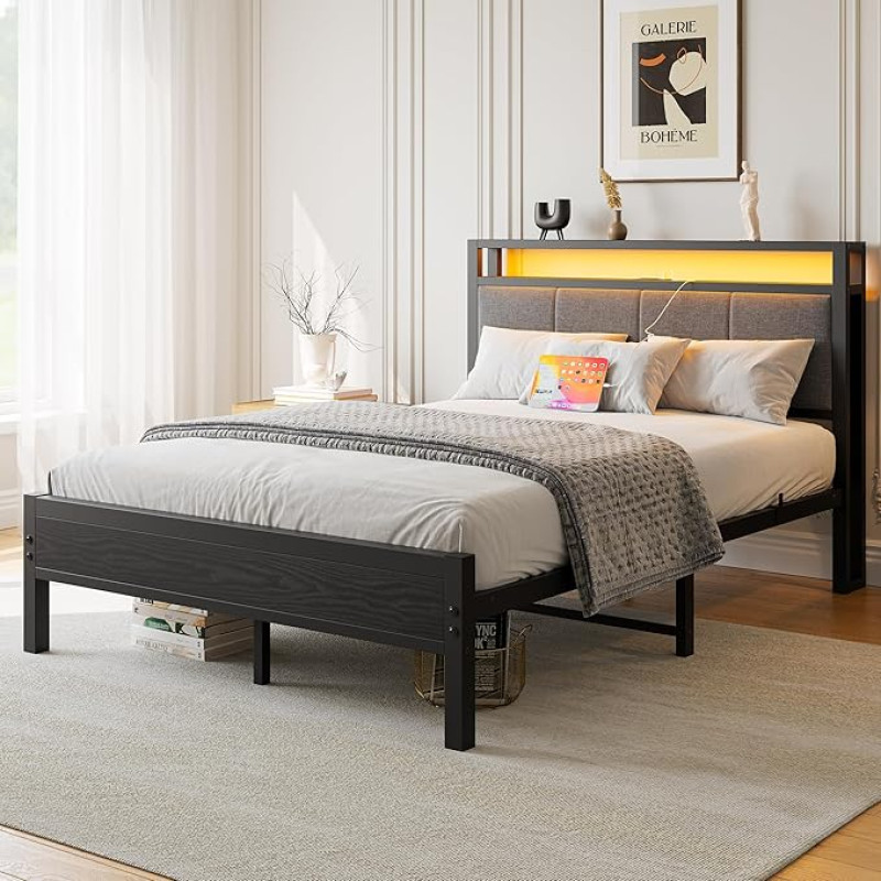 FOUBAM voodi 120 x 200 cm, voodiraam koos laadimisjaamaga, vastupidav metallist voodi puidust kangast hoiustatava peatsiga, külaliskoha voodi kaheinimese voodi / üheinimese voodiraam, külalistetuba, metallist lamelliraamiga, musta värvi.