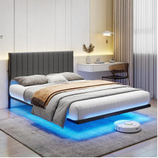 ARFARLY Voodi 120 x 200 cm LED-valgustuse ja laadimisjaamaga, voodiraam metallliistudega, täiskasvanute ujuv voodiraam valgusega, vastupidav ja stabiilne, lihtne kokkupanek, tumehall