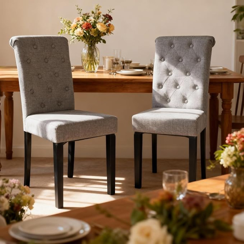 FiveWillowise 2 söögitooli komplekt, söögilaua toolid kumera kõrge seljatoega, linase välimuse ja täispuidust jalgadega, polsterdatud toolid söögituppa, õppetuppa, elutuppa, tumehall