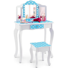 DREAMADE 2-in-1 laste riietuslaud koos tugitooli ja eemaldatava peegliga, printsessi riietuslaud sahtliga, puidust kosmeetikalaud, laste meigilaud tüdrukutele (Polka Dot Blue)