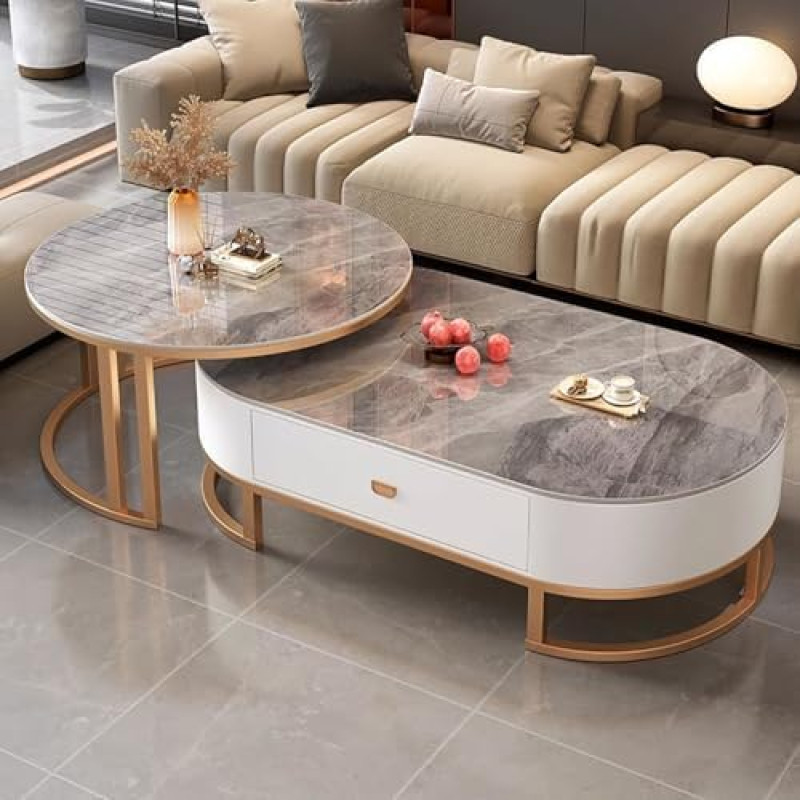 Ovaalne kivist kohvilaud Kaasaegne terasraamiga pesitsuslaud elutuppa magamistuppa