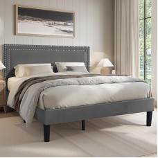 VECELO polsterdatud voodi 140 x 200 cm, Kahekohaline voodiraam reguleeritava kõrgusega peaplaadiga, pehmendusega voodiraam lamelliraamiga, sametkattega, täiskasvanutele ja teismelistele, ilma madratsita, hall